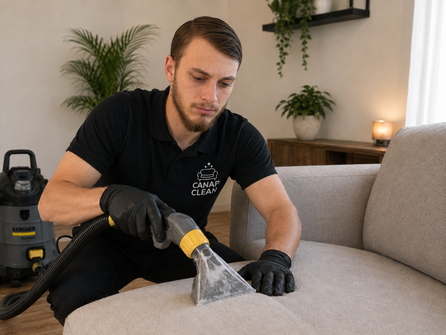 Intervenant en polo Canap'Clean nettoyant un canapé en tissu par injection-extraction